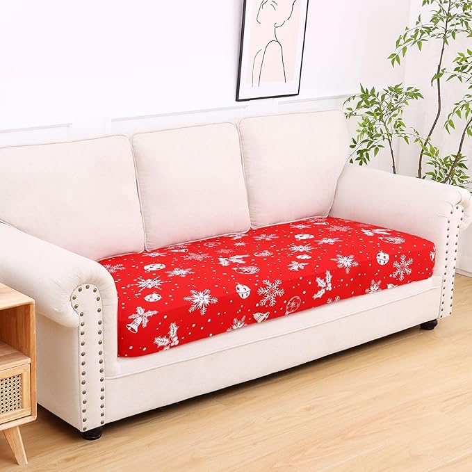 hyha Printed Couch Cushion Covers, Floral Sofa Covers Washable for 3 Cushion Couch, Stretch Pattern Outdoor Cushion Covers for Patio Furniture with Elastic Bottom(Large, Snowflake Bell)