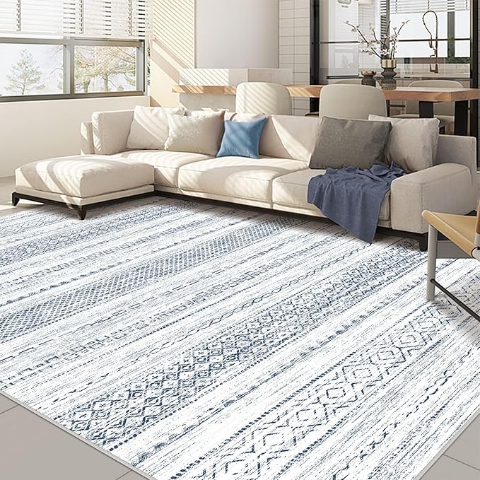 Nakagishi 8x10 Area Rugs Living Room: Washable Boho Large Neutral Soft Farmhouse Rug Stain Resistant Modern Indoor Floor Non-Slip Carpet for Bedroom Nursery Kids Playroom Office Dining Dorm-White Blue
