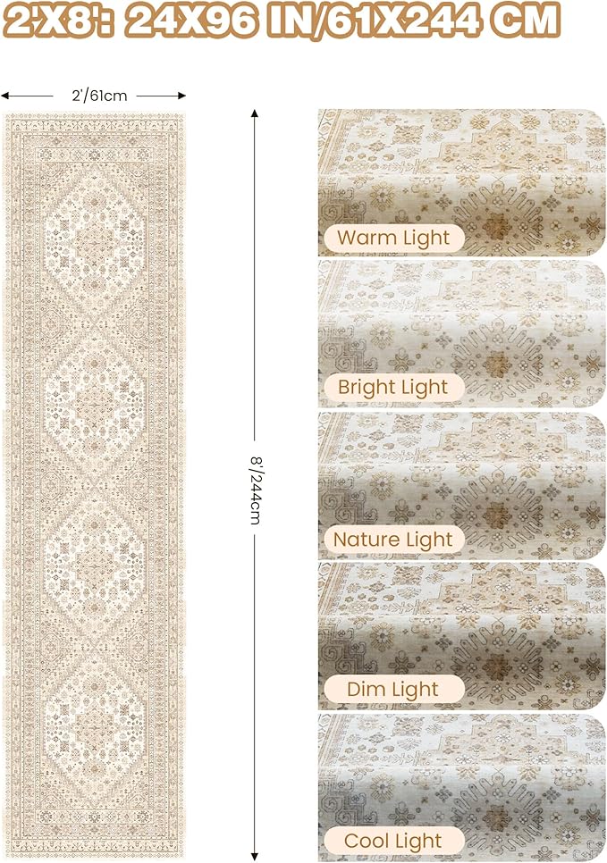 Runner Rug 2x8 Runners for Hallways Non Slip Washable, Vintage Hallway Runner Rugs for Living Room, Low Pile Soft Hallway Rug for Kitchen Bedroom Laundry Room(Cream/Beige,2'x8')