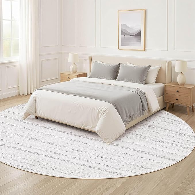 Nakagishi Round Rug Boho Area Rugs: 5x5 Washable Large Circle Neutral Soft Stain Resistant Non-Slip Carpet for Women Aged 25-45 Farmhouse Decor Enthusiasts - Living Room Bedroom Dining Room Nursery