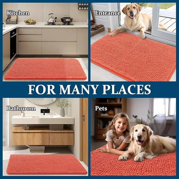OLANLY Dog Door Mat for Muddy Paws 45x27, Absorbs Moisture and Dirt, Absorbent Non-Slip Washable Doormat, Quick Dry Chenille Mud Mat for Dogs, Entry Indoor Entryway Carpet for Inside Floor, Coral