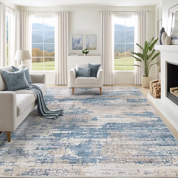XLUEZ 8x10 Area Rugs for Living Room, Washable Modern Abstract Large Area Rug Neutral Soft Non Slip Kids Rug Stain Resistant Indoor Carpet for Bedroom Nursery Dining Room Playroom(BlueBeige, 8'x10')