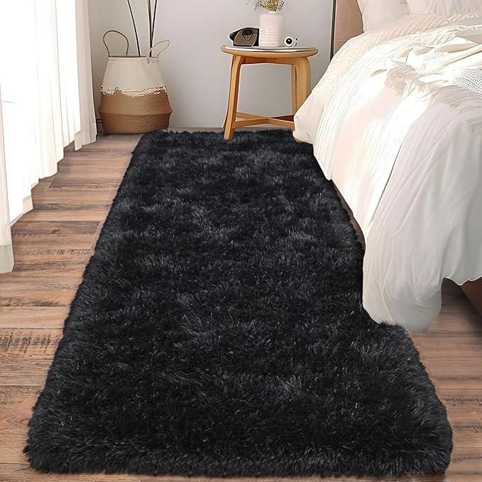 Soft Runner Rugs for Bedroom Hallways, 2x6 Black Fluffy Shag Throw Area Rug Non Slip for Bedside Dorm, Long Shaggy Furry Carpet for Nursery Living Room