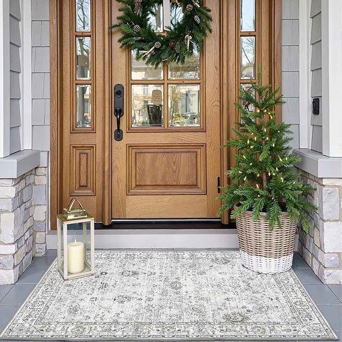 Grey Floral Rug for Entryway, 2x3 Washable Kitchen Mat Ultra-Thin Soft, Non-Slip Indoor Door Carpet Stain Resistant Boho Small Low-Pile Throw for Bathroom Bedroom (2 x 3, Grey)