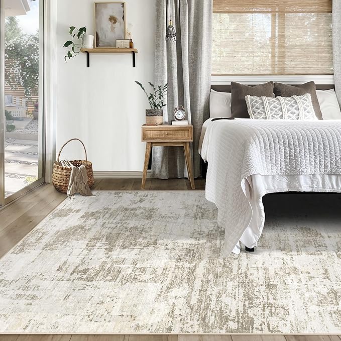 XLUEZ 5x7 Area Rugs for Living Room, Washable Modern Abstract Large Area Rug Neutral Soft Non Slip Kids Rug Stain Resistant Indoor Carpet for Bedroom Nursery Dining Room Playroom(BeigeBrown, 5'x7')