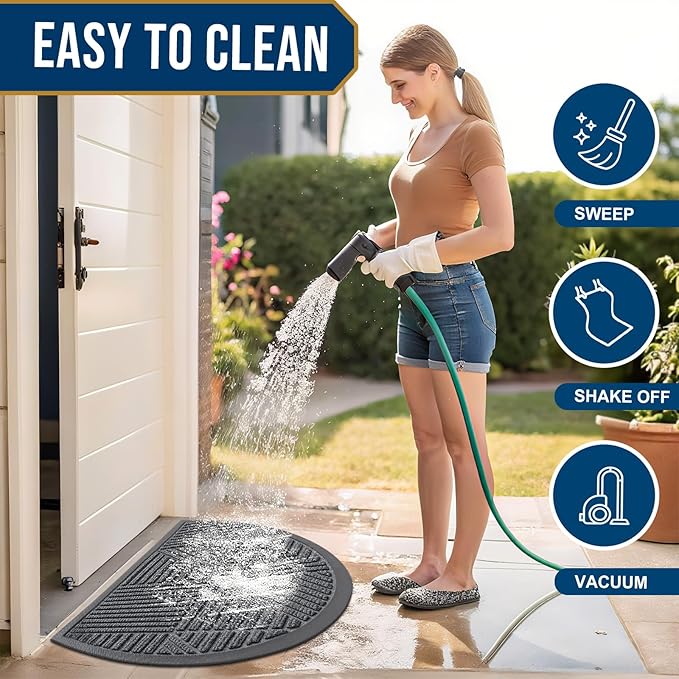 Smiry Half Circle Front Door Mat Outside Entrance, Heavy Duty Sturdy Natural Rubber Doormat, Trap Dirt and Moisture, Low Profile Mats for Indoor Outdoor Entry, Irregular Triangle (35x23, Grey)