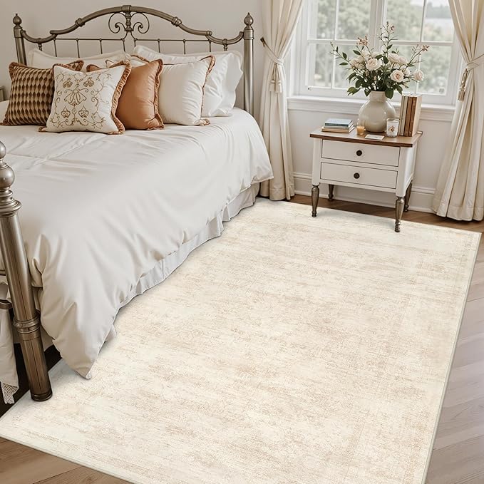 6x9 Area Rugs for Living Room: Vintage Boho Neutral Washable Rug Indoor Soft Large Area Rug Carpet for Bedroom Nursery Farmhouse Dining Room Office Floor Non-Slip Low Pile Under Table Rug Retro Beige