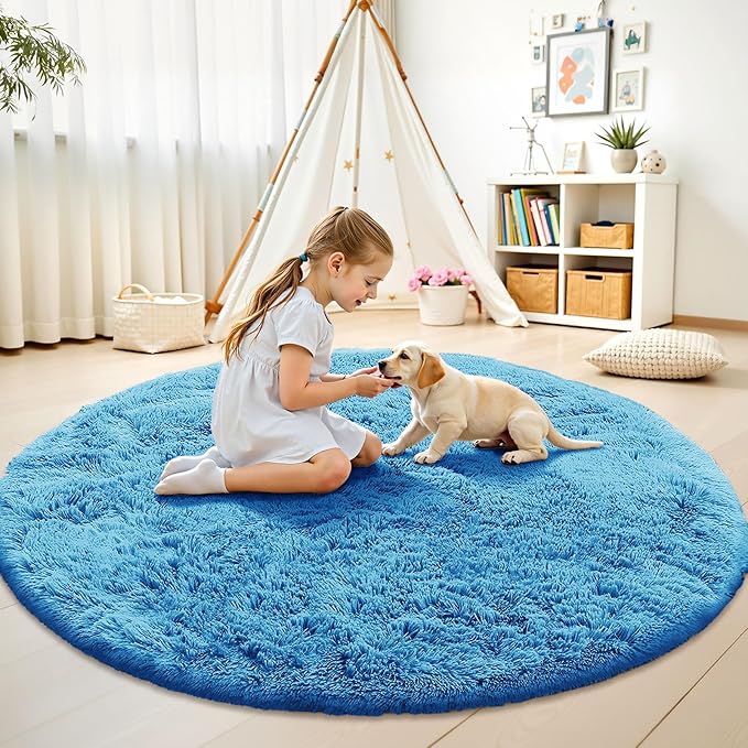 OLANLY Bright Blue Round Rugs for Bedroom - Machine Washable, 6 ft Circle Area Rugs for Living Room, Soft and Fluffy Shaggy Carpet for Teen Girl and Boys, Nursery Rooms, Dorms, Home Decor Aesthetic