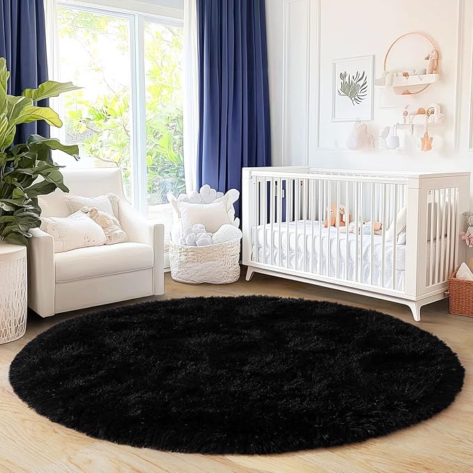 6‘x6’ Black Round Rug for Bedroom, Ultra Soft Fluffy Circle Rug for Kids Girls Boys Room, Cute Shag Rugs for Living Room Playroom Teen Room Home Decor Rug