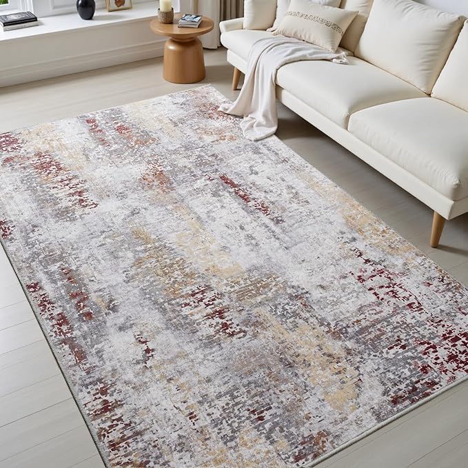 Toneed Abstract Area Rug Modern Washable Rug Soft Non Slip Rug Low Pile for Bedroom Living Room Dining Room Taupe Grey Brown 4x6 Feet
