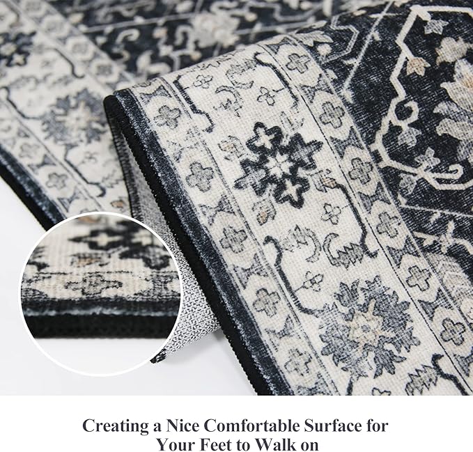 Hallway Washable Runner Rug - 2x7 Kitchen Rugs Entryway Rug Runner Vintage Soft Floor Mat Non Slip Indoor Farmhouse Carpet for Bathroom Living Room Bedroom (2 X 7, Black)