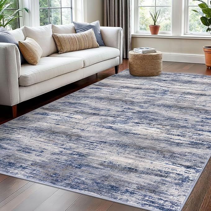 KOZYFLY Washable Area Rug 5x7 Modern Ombre Living Room Thin Area Rug Non-Slip Soft Striped Rug for Bedroom, Print Grey-Blue Abstract Carpet for Laundry Kid Room