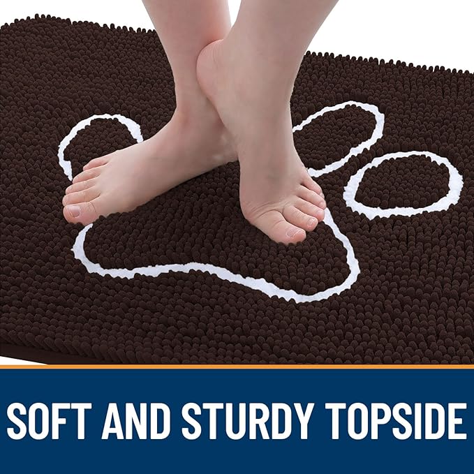 OLANLY Dog Door Mat for Muddy Paws 59x35, Paw Print Design, Absorbs Moisture and Dirt, Absorbent Non-Slip Washable Doormat, Quick Dry Chenille Mud Mat for Dogs, Entry Indoor Entryway Carpet, Brown