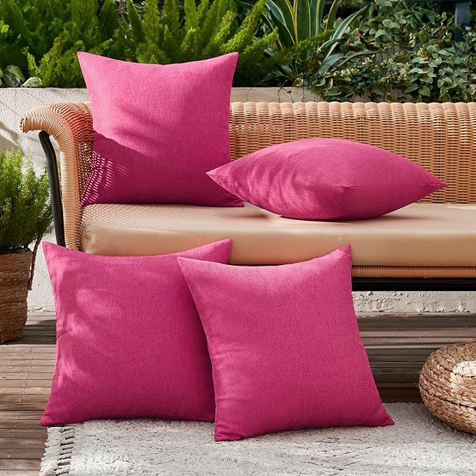 MIULEE Pack of 4 Decorative Outdoor Throw Pillow Covers Linen Waterproof Pillow Covers Farmhouse Cushion Cases for Patio Garden Tent Balcony Couch Sofa 18x18 inch Hot Pink