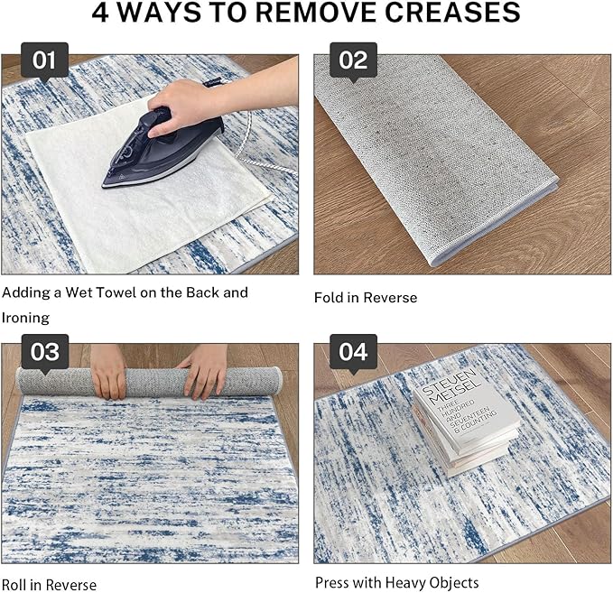 Lansny Modern Abstract Entryway Rug Indoor 2x3 Washable Rug Non-Slip Soft Small Area Rug Blue White Kitchen Mats Thin Print Faux Wool Floor Carpet Throw Rugs for Entrance Bedroom Office Home Decor