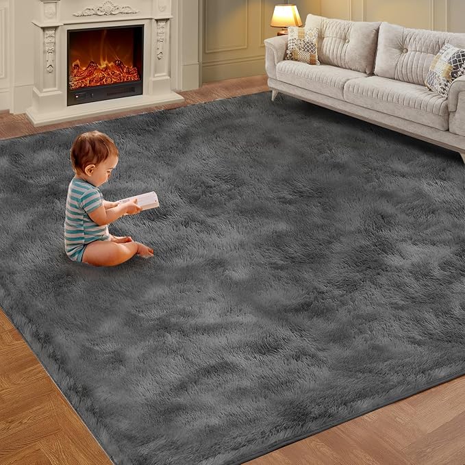 Large Area Rugs for Living Room, Super Luxury 8x10 Soft Fluffy Modern Bedroom Rug, Big Indoor Thick Soft Nursery Rug, Non-Skid Nursery Faux Fur Carpet for Kids Room Home Décor, Solid Gray
