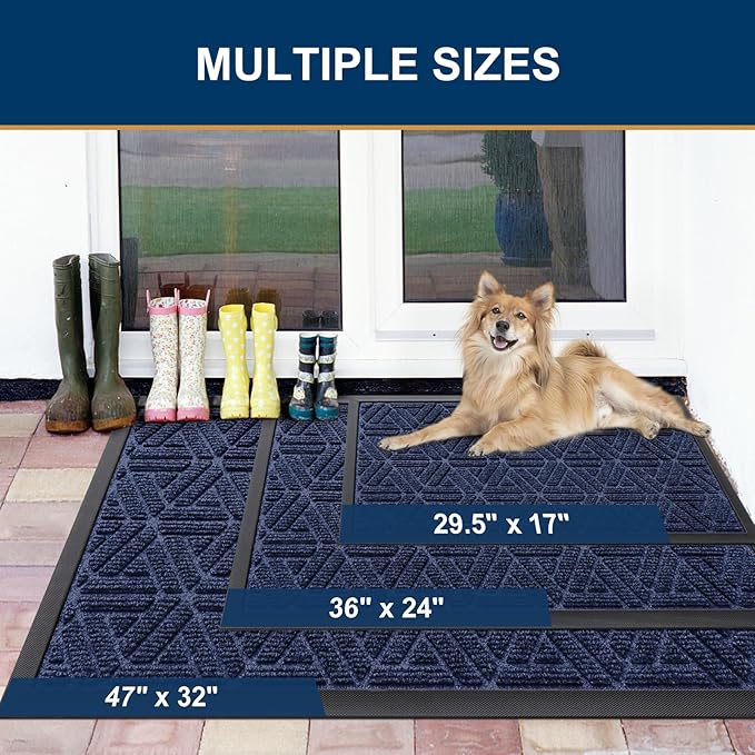 Smiry Front Door Mat Outside Entrance, Heavy Duty Sturdy Natural Rubber Doormat, Trap Dirt and Moisture, Easy Clean Low Profile Mats for Indoor Outdoor Entry, Grid Geometric (35x23, Navy Blue)