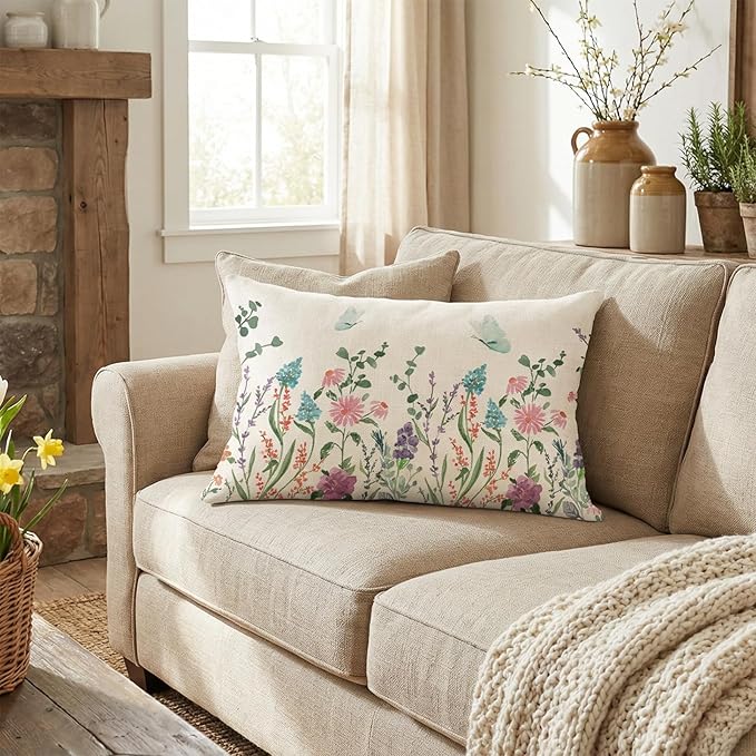 ONFAON Spring Summer Pillow Covers 20x12 Set of 4,Seasonal Holiday Farmhouse Decor Flower Cushion Case for Couch Sofa Living Room Bedroom Home Indoor Decor