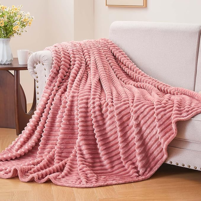 BEDELITE Fleece Blanket Twin Size – 3D Ribbed Jacquard Soft and Warm Decorative Fuzzy Blankets – Cozy, Fluffy, Plush Lightweight Throw Blankets for Couch, Bed, Sofa(Pink, 60x80 inches)