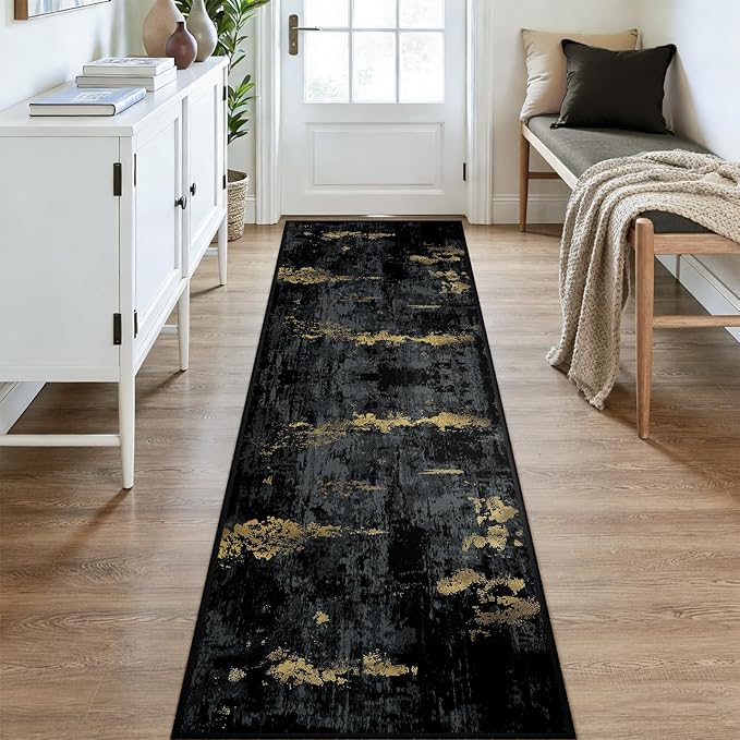 Washable Area Rugs 3x9 Non-Slip Modern Abstract Soft for Living Room Entryway Bedroom Nursery, Print Pattern, Dark Black Gold