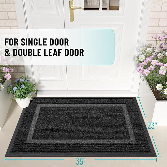 OLANLY Front Door Mat Indoor Outdoor Entrance, Waterproof All-Season, All-Weather Doormat, Sturdy Natural Rubber, Fade Resistant, Low Profile, Easy Clean Patio Porch Entryway Mat, 35x23, Black
