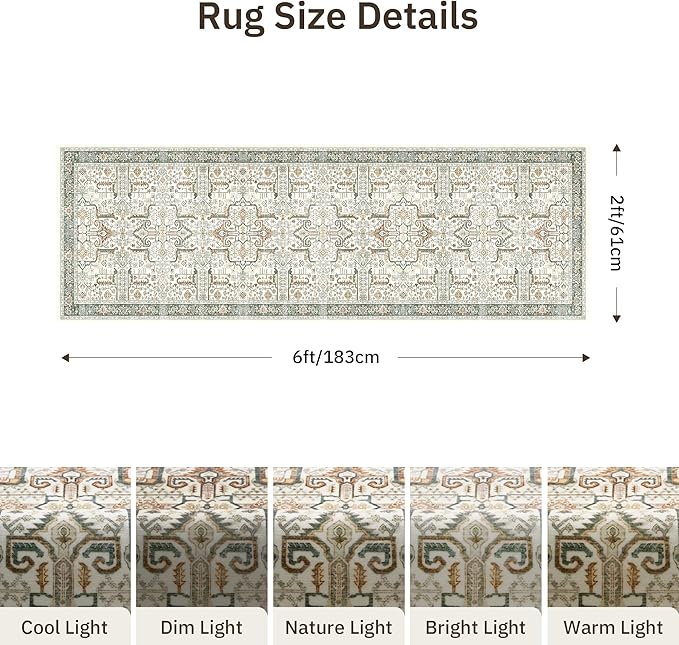 2x6 Hallway Washable Runner Rug - Soft Non Slip Vintage Rugs for Entryway Low-Pile Farmhouse Neutral Kitchen Runners Living Room Floor Mat Stain Resistant Distressed Carpet for Bedroom Bathroom Green