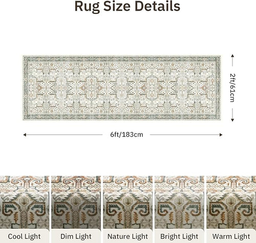 2x6 Hallway Washable Runner Rug - Soft Non Slip Vintage Rugs for Entryway Low-Pile Farmhouse Neutral Kitchen Runners Living Room Floor Mat Stain Resistant Distressed Carpet for Bedroom Bathroom Green