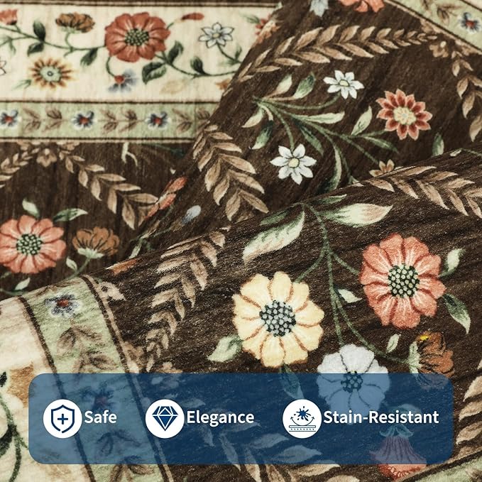 GarveeHome Grey Floral Rug 4x6 Rug Machine Washable Area Rug for Living Room Farmhouse Floral Low Pile for Dining Room, Bedroom Indoor Foldable Non-Slip Brown Natural RV