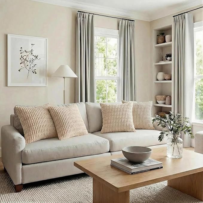 Fancy Homi 4 Packs Tan Decorative Throw Pillow Covers 16x16 Inch for Living Room Couch Bed Sofa, Beige Rustic Farmhouse Boho Home Decor, Soft Plush Striped Corduroy Square Cushion Case 40x40 cm