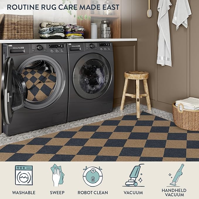 Lahome Colette Checkered Easy Jute Entryway Rug, 3x5 Washable Area Rugs for Living Room Outdoor Patio, Non Slip Blue Indoor Door Mat Checkerboard Throw Carpet for Entry Front Door Guestroom Deck