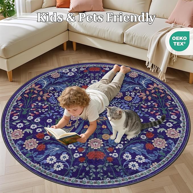 Round Area Rug for Living Room: 4 ft Floral Washable Circle Rug Soft Boho Non-Slip Carpet Indoor Stain Resistant Low Pile Small Circular Rug for Bedroom Entryway Kitchen Nursery Home Office Blue