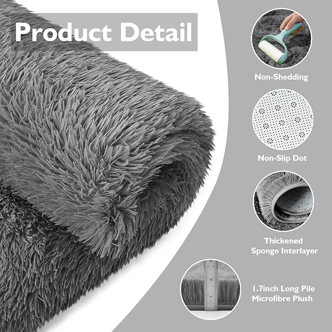 Ultra Soft Fluffy Area Rugs for Bedroom Living Room 10x12, Nursery Rug, Non-Slip Carpet for Kids Dorms Decor, Shaggy Bedside Rug, Deep Grey