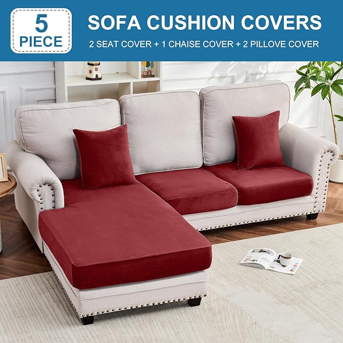 Couch Cover 3-Piece Elastic Velvet Couch Cushion Covers & Chaise Slipcovers for L-Shaped Sofas, Sofa Seat Covers Washable, Soft Cover for Couches (2 Seater + Chaise, Christmas Red)