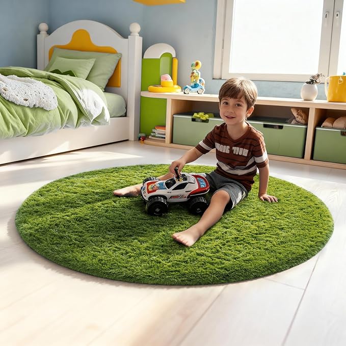 Ophanie Green Round Rug 4Ft Circle Area Rug, Green Room Decor, Fluffy Fuzzy Bedroom Carpet, Plush Soft Shaggy Living Room Rugs for Kids Home Decor Aesthetic, Nursery