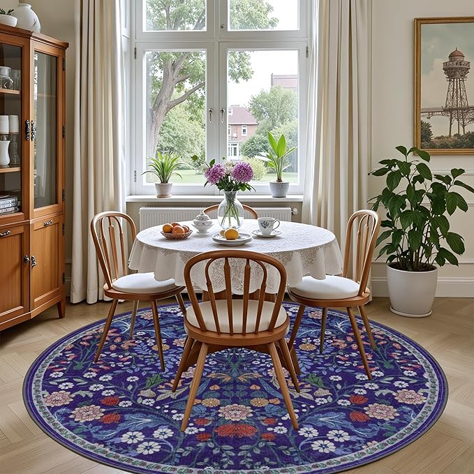 Round Area Rug for Living Room: 6 ft Floral Washable Circle Rug Soft Boho Non-Slip Carpet Indoor Stain Resistant Low Pile Small Circular Rug for Bedroom Entryway Kitchen Nursery Home Office Blue