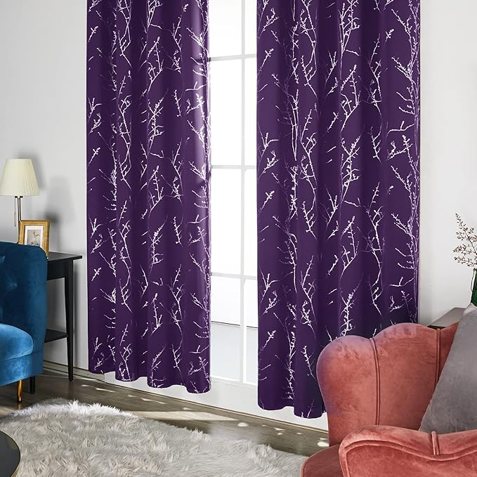 Deconovo Blackout Curtains, Purple Curtain, Thermal Insulated Soundproof Grommet Drapes, Silver Tree Foil Print, 52 x 95 Inch, 2 Panels, Machine Washable Window Panel for Living Room Bedroom Office