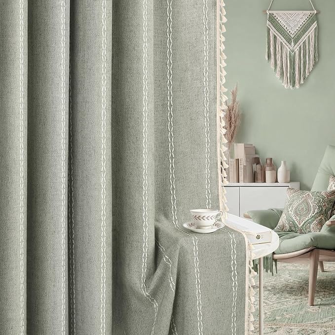 Boho Blackout Curtains 90 Inches Long Sage Green Linen Blend 2 Panels with Tassels and Cotton Embroidery, Farmhouse Vintage Rustic Rod Pocket Drapes for Living Room or Bedroom