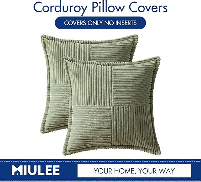 MIULEE Spring Decorative Throw Pillow Covers for Couch Bed Livingroom 20x20 Inch Set of 2 Sage Green Boho Accent Throw Pllows Broadside Striped Patchwork Soft Corduroy Pillowcases