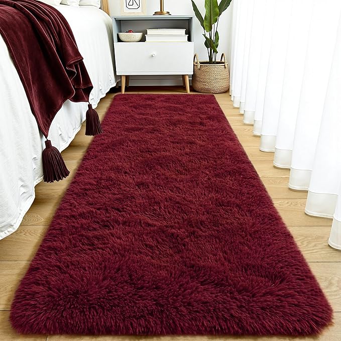 Tepook Soft Runner Rugs for Bedroom 2x6 with Rubber Backing, Burgundy Red Fluffy Rugs for Hallway, Shag Bedside Rug Fuzzy Plush Carpet for Living Room Dorm Nursery Indoor Home Decor