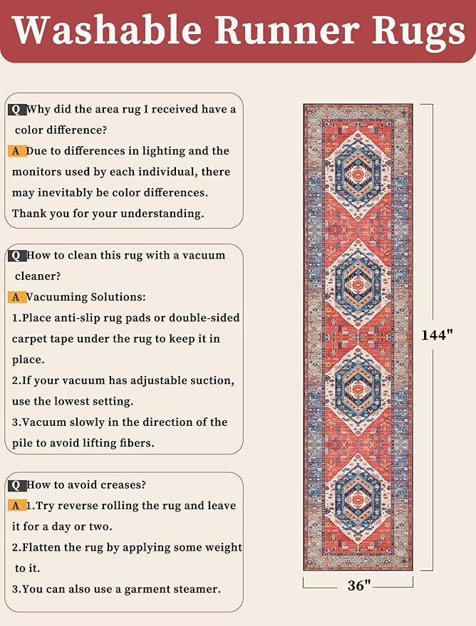 SERISSA Runner Rug for Hallways, 3x12 Washable Non Slip Kitchen Runner Rug, Extra Long Boho Rug Ultra Soft Vintage Rust Print Floor Carpet for Bedroom Hallway Entryway Bathroom Laundry Room