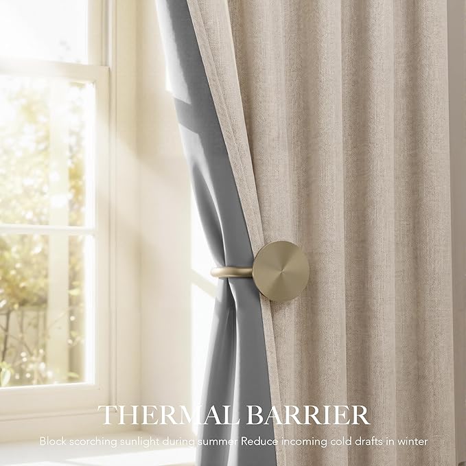 RYB HOME Warm Sand 100% Blackout Curtains for Bedroom, Linen Drapes Back Tab&Rod Pocket, Thermal Insulated Privacy Assurd Curtains for Sliding Glass Doors/Dining/Living Room, W52 x L102, 2 Panels