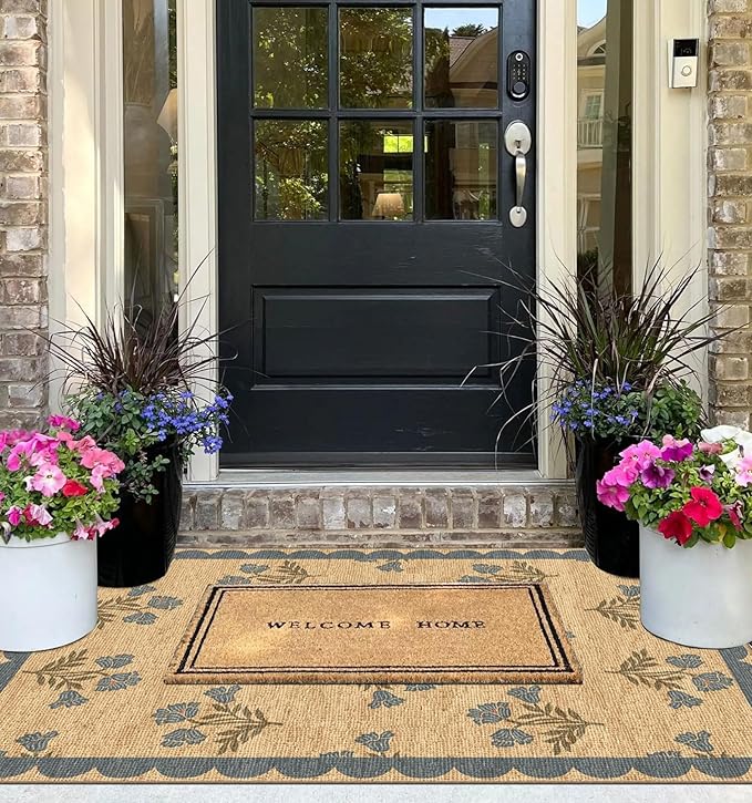 3x5 Floral Entry Rug - Small Washable Indoor Outdoor Mats for Front Door Non-Slip Jute-Look Porch Rug Boho Blue Scalloped Throw Rugs for Living Room Bedroom Entryway Kitchen Office Porch Decor