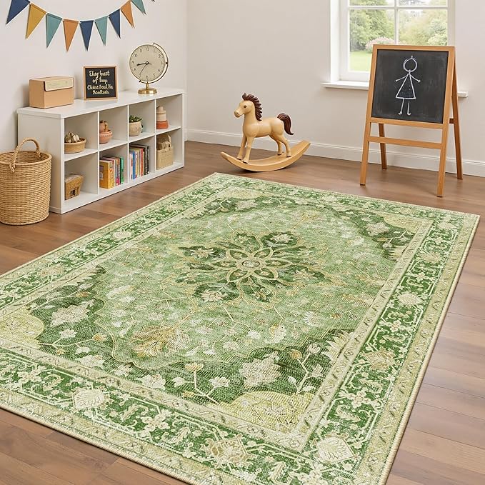 RELEANY Area Rugs 4'x6' Washable Non-Slip, Floral Vintage Distress Print Pattern Medallion Carpet for Living Room Bedroom Dining Room, Sage Green Yellow
