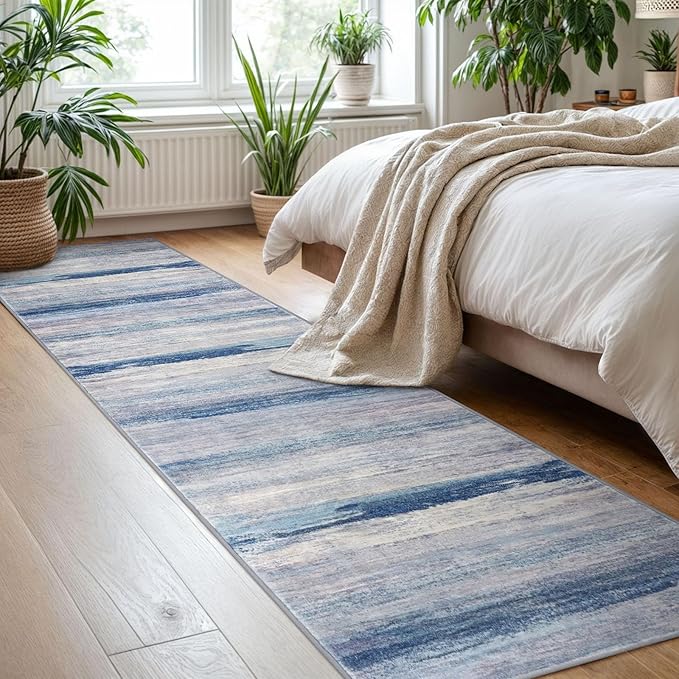 KOZYFLY Modern Abstract Hallway Runner Rug, 2x8 Washable Rug Runner Non-Slip Soft Striped Kitchen Runner Rugs, Print Blue/Grey/Beige Carpet Runner for Entryway Bathroom Laundry Room Foyer