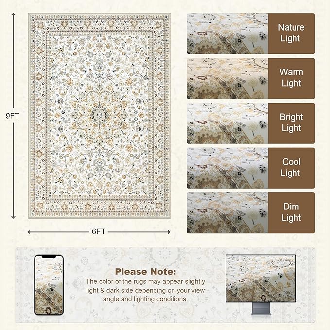 6x9 Area Rugs Living Room Rug: Washable Vintage Boho Rug No Slip Stain Resistant Soft Carpet Indoor Floor Floral Large Carpets for Bedroom Dining Room Farmhouse Nursery Home Office Beige