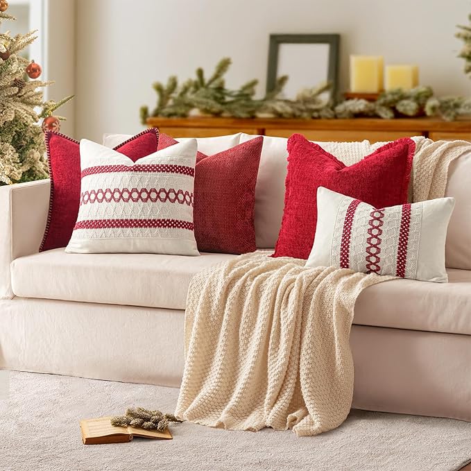MIULEE Pack of 2 Christmas Pillow Covers 18x18 Inch Red Farmhouse Decorative Throw Pillow Covers with Stitched Edge Soft Chenille Solid Dyed Couch Pillow Covers for Sofa Bed Living Room