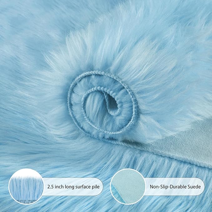 Ciicool Ultra Soft Faux Sheepskin Fur Rug Fluffy Rug for Bedroom Fuzzy Carpet for Living Room Kid's Room Nursery Decor, Sky Blue 2 x 6 Feet