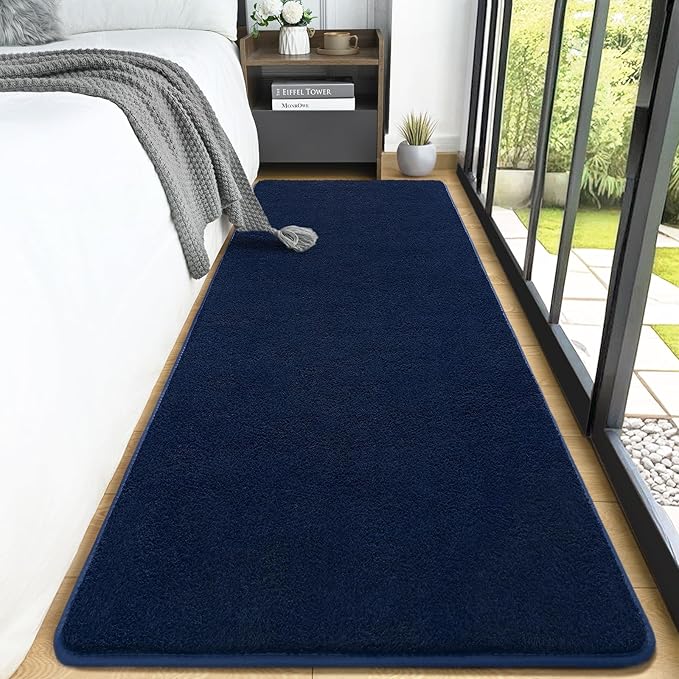 AROGAN Shag Runner Rug for Hallways, 2x6 Feet Washable Rugs with Memory Foam for Bedroom, Entryway Indoor Fluffy Throw Rug for Bedside Living Room Kids Girls Nursery Dorm Room Decor, Navy Blue