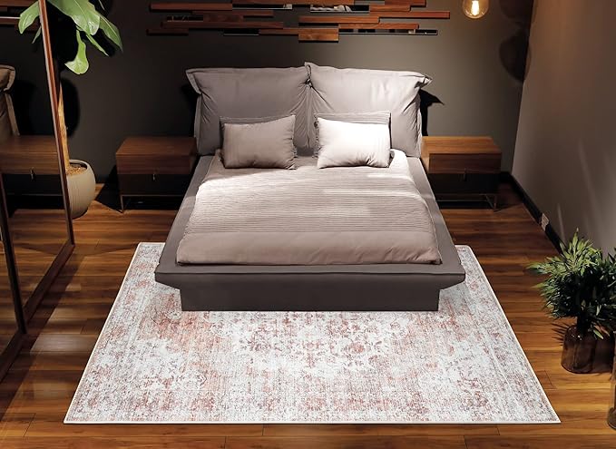 Area Rug 5x7 Machine Washable Polyester in Ivory and Blush