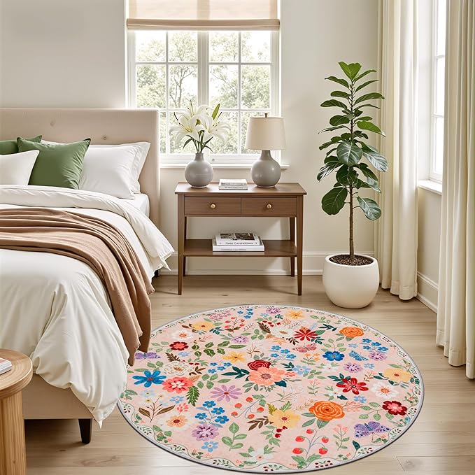 Round Area Rug for Living Room: 4 ft Floral Washable Circle Rug Soft Boho Non-Slip Carpet Indoor Stain Resistant Low Pile Small Circular Rug for Bedroom Entryway Kitchen Nursery Home Office Beige